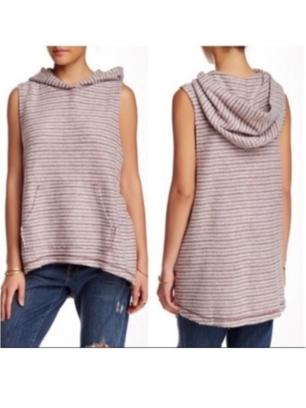 Free People Striped French Terry Knit Sleeveless Hoodie High Low Size Medium